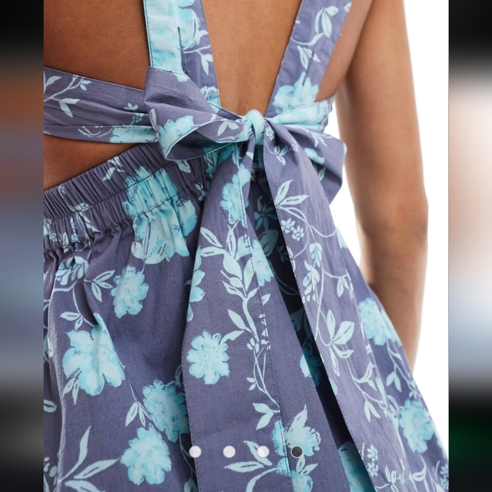 Free People Meet Me In Maui Mini Dress M Blue Floral Open Back - Picture 3 of 12